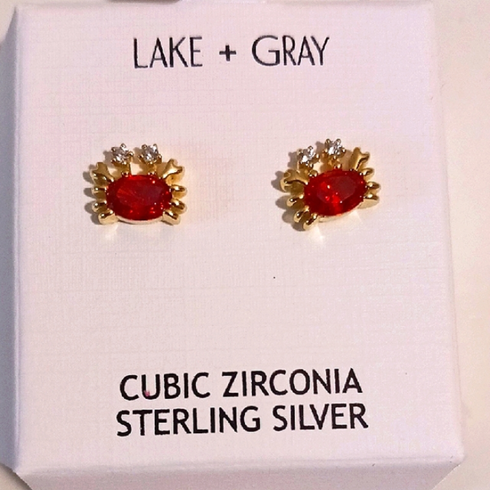 Lake &Gray Vibrant Red Clear Cubic Zirconia Crab Desigh Earrings Sterling Silver